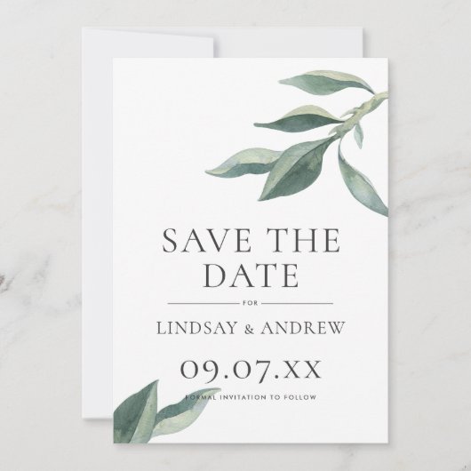 Moderne botanische bladeren sparen de Datum aankon Kaart (Voorkant)