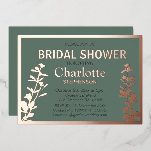 Moderne botanische bladeren Vrijgezellenfeest Roos Folie Uitnodiging (Voorkant / Achterkant)