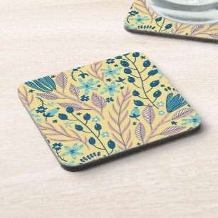 Moderne botanische blauwe bloempatroon op beige bier onderzetter