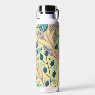 Moderne botanische blauwe bloempatroon op beige waterfles