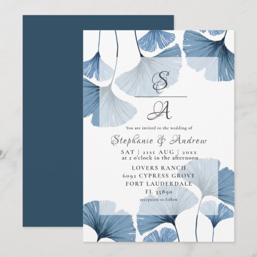 Moderne Botanische Blauwe Gingko Bruiloft Kaart (Voorkant / Achterkant)