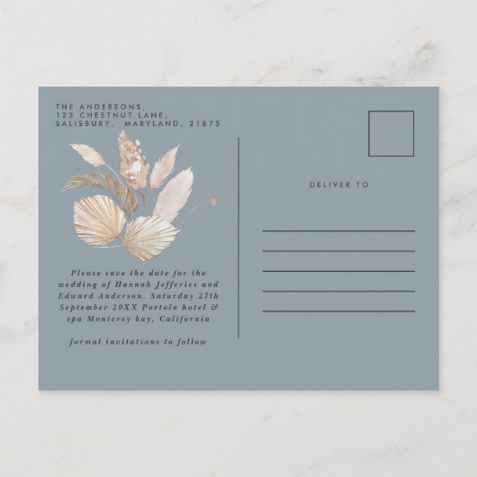 Moderne botanische blauwe pampasgras met uitzonder aankondigingskaart (Achterkant)