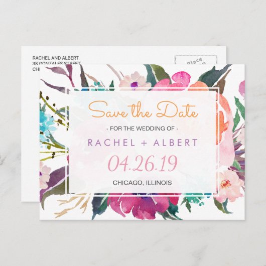 Moderne Botanische Bloemen Bruiloft Save the Date Aankondigingskaart (Voorkant / Achterkant)