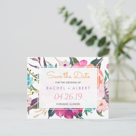 Moderne Botanische Bloemen Bruiloft Save the Date Aankondigingskaart (Staand voorkant)