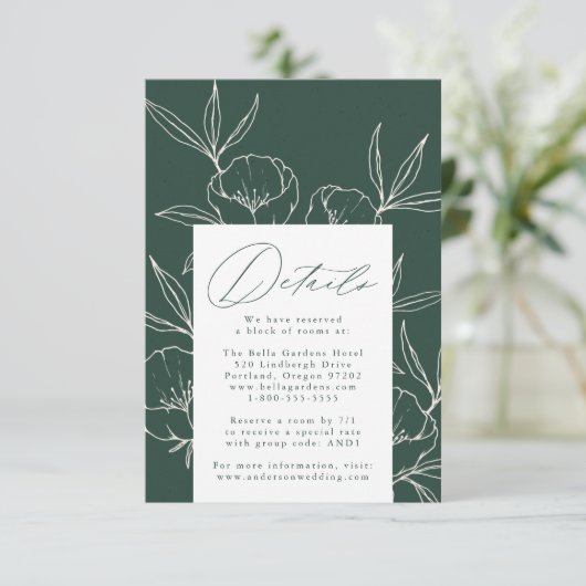 Moderne Botanische Bloemen Donkergroene bruiloft D Informatiekaartje (Staand voorkant)