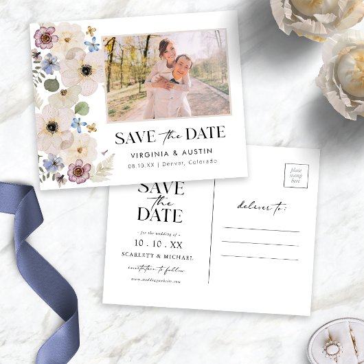 Moderne botanische bloemenfoto Bewaar de datum Briefkaart