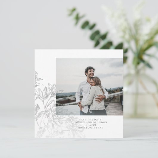 Moderne botanische bloemfoto save the date (Staand voorkant)