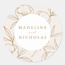 Moderne Botanische Bloemige Crème & Gouden Bruilof Ronde Sticker