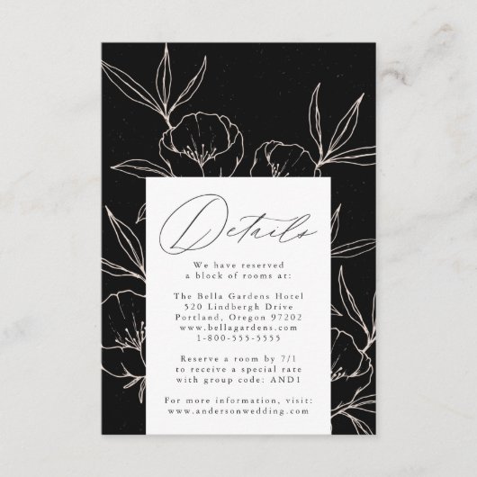Moderne botanische bloemige zwarte huwelijksdetail informatiekaartje (Voorkant)