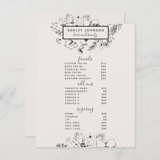 Moderne botanische Blush Black 3 Services Spa Menu (Voorkant / Achterkant)
