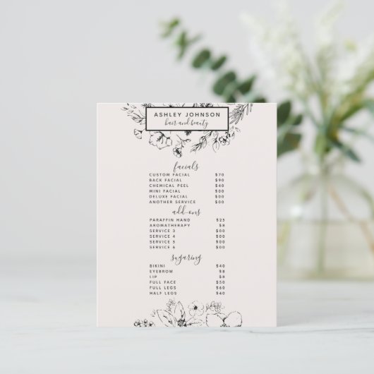 Moderne botanische Blush Black 3 Services Spa Menu (Staand voorkant)