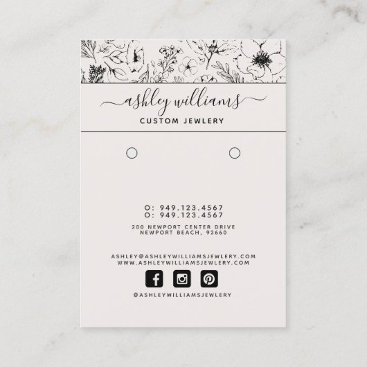 Moderne botanische Blush & Black Earring Card Visitekaartje (Achterkant)