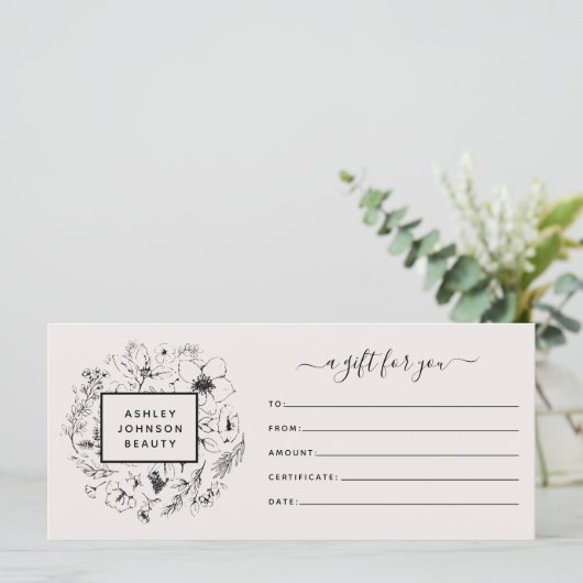 Moderne botanische Blush & Black Gift Certificate (Staand voorkant)