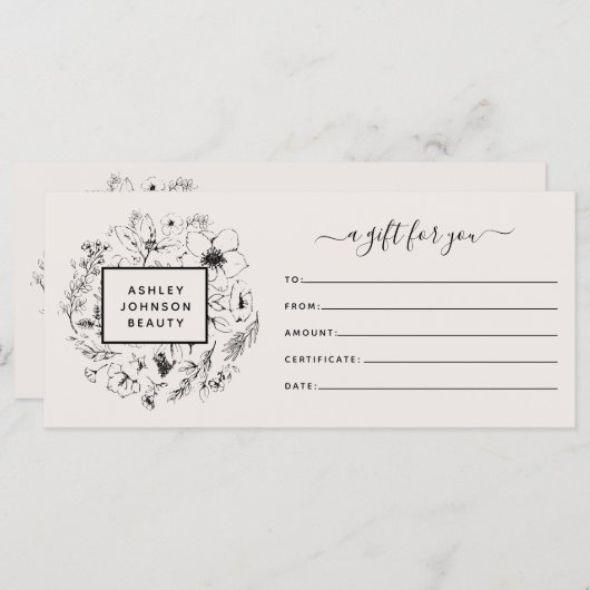 Moderne botanische Blush & Black Gift Certificate (Voorkant / Achterkant)