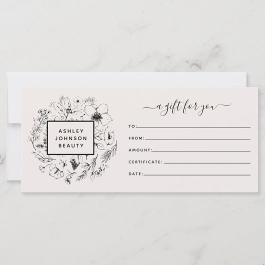 Moderne botanische Blush & Black Gift Certificate (Voorkant)