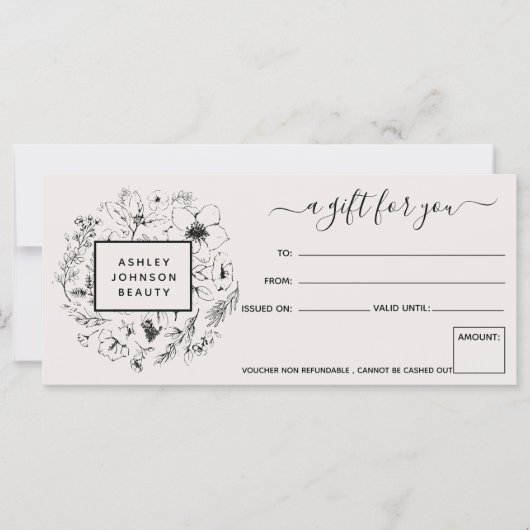 Moderne botanische Blush & Black Gift Certificate (Voorkant)