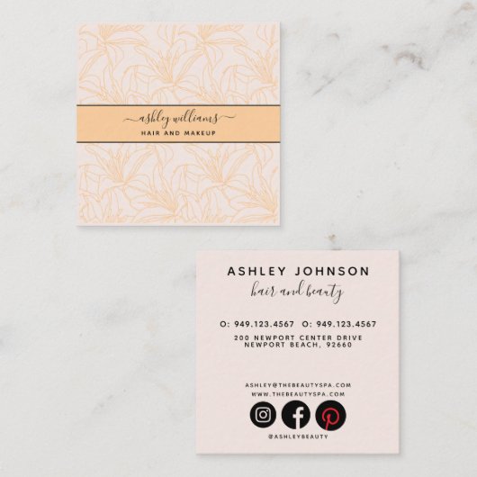 Moderne botanische Blush Black Script Name Square Vierkante Visitekaartje (Voorkant / Achterkant)