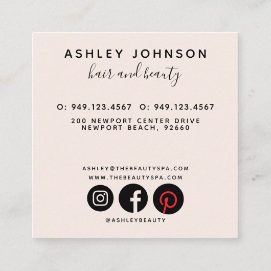 Moderne botanische Blush Black Script Name Square Vierkante Visitekaartje (Achterkant)