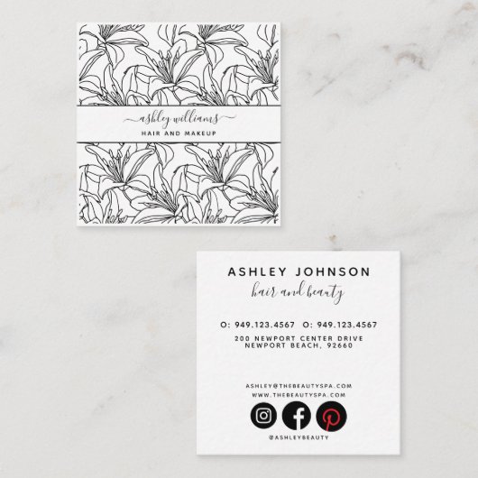 Moderne botanische Blush Black Script Name Square Vierkante Visitekaartje (Voorkant / Achterkant)