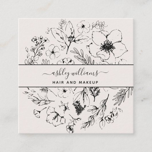 Moderne botanische Blush Black Script Name Square Vierkante Visitekaartje (Voorkant)