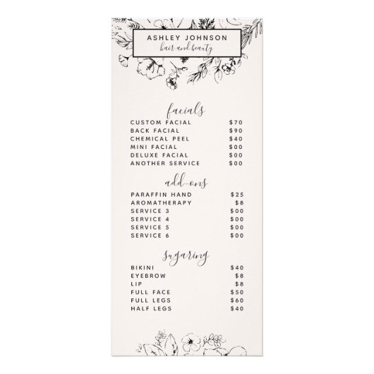 Moderne botanische Blush Black Spa 3 Services Menu (Voorkant)