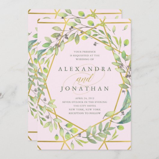 Moderne Botanische | Blush en Faux gouden bruiloft Kaart (Voorkant / Achterkant)