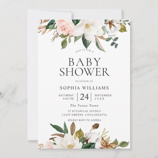 Moderne botanische Blush en White Floral Baby show Kaart (Voorkant)
