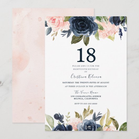 Moderne botanische Blush & Navy Floral 18th Birthd Kaart (Voorkant / Achterkant)