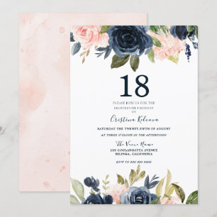 Moderne botanische Blush & Navy Floral 18th Birthd Kaart