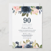 Moderne botanische Blush & Navy Floral 90th Birthd Kaart (Voorkant)