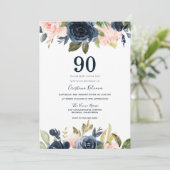 Moderne botanische Blush & Navy Floral 90th Birthd Kaart (Staand voorkant)