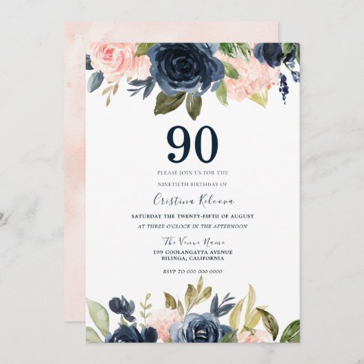 Moderne botanische Blush & Navy Floral 90th Birthd Kaart (Voorkant / Achterkant)