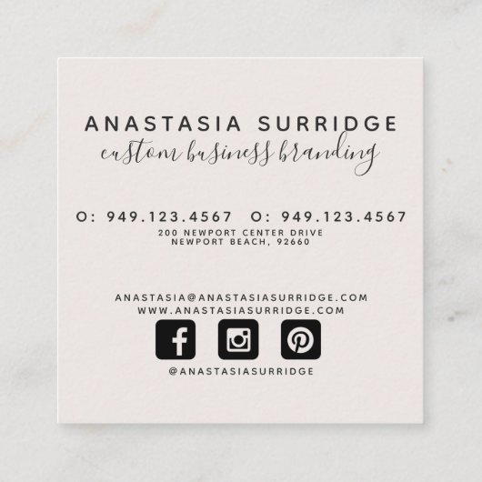 Moderne botanische Blush roze & Black Script Squar Vierkante Visitekaartje (Achterkant)