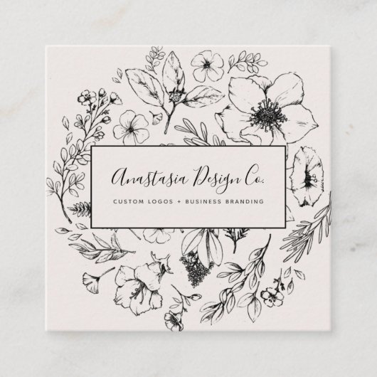 Moderne botanische Blush roze & Black Script Squar Vierkante Visitekaartje (Voorkant)