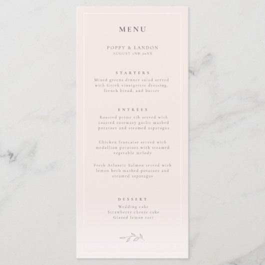Moderne Botanische Blush Roze Bruiloft Menu (Voorkant)