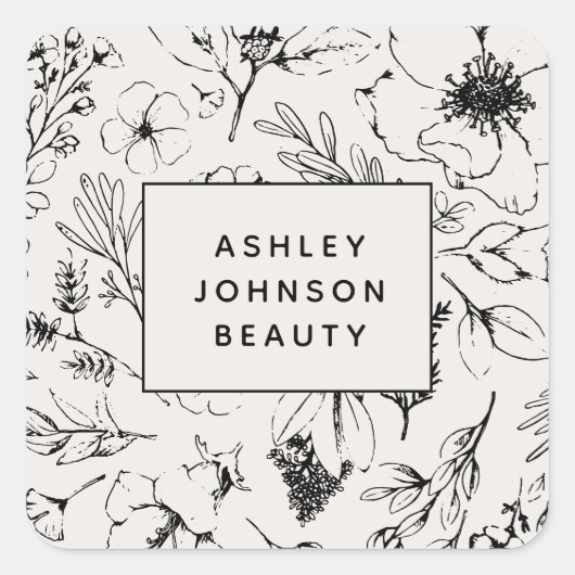 Moderne botanische Blush roze en zwarte Floral Vierkante Sticker (Voorkant)