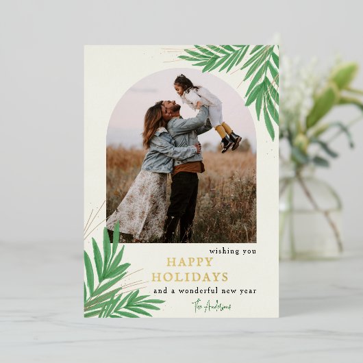 Moderne Botanische Boog Begroeiing Foto Folie Feestdagenkaart (Staand Voorkant)