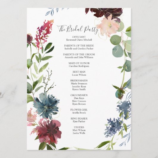 Moderne botanische Bourgogne Eucalyptus Weddenscha Programmakaart (Achterkant)