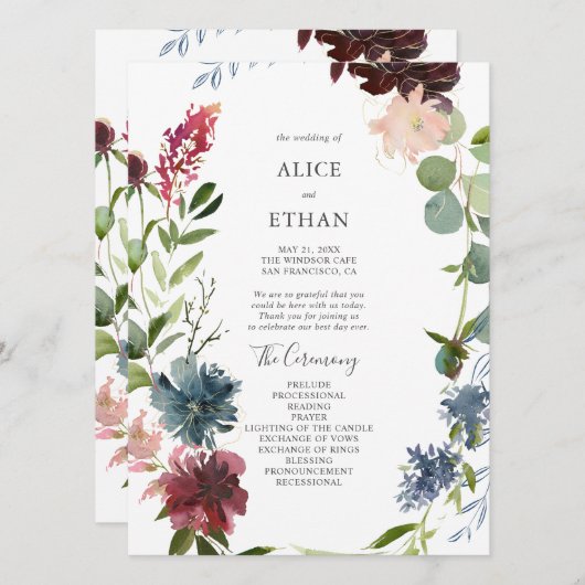 Moderne botanische Bourgogne Eucalyptus Weddenscha Programmakaart (Voorkant / Achterkant)