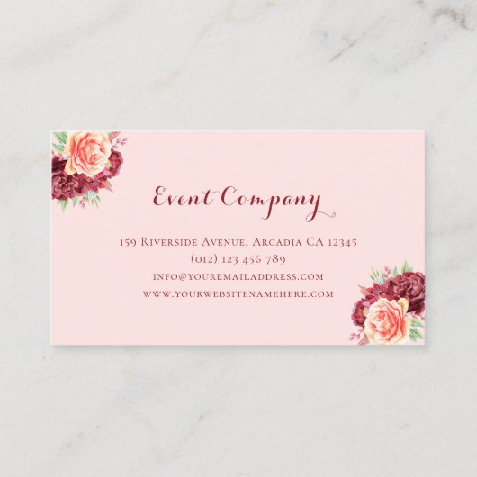 Moderne Botanische Bourgondische Blush Bloemen Wat Visitekaartje (Achterkant)