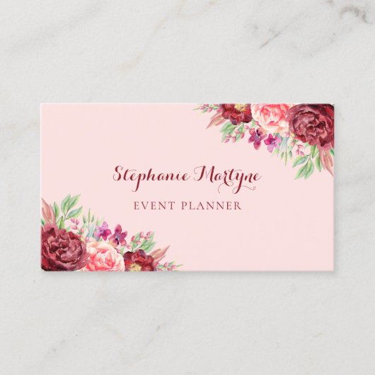 Moderne Botanische Bourgondische Blush Bloemen Wat Visitekaartje (Voorkant)