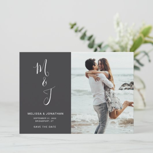 Moderne botanische bruiloft foto slaat de datum op save the date (Staand voorkant)