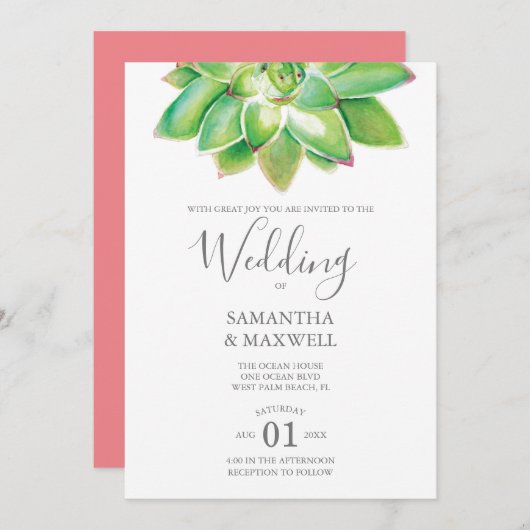 Moderne Botanische Bruiloft Uitnodiging Succulent (Voorkant / Achterkant)