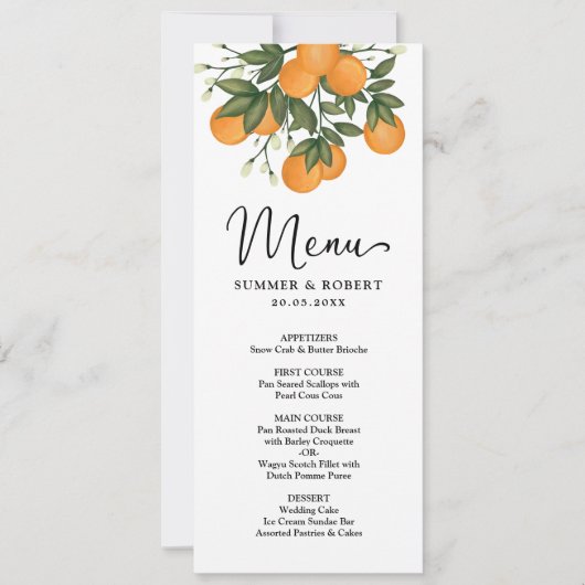 Moderne Botanische Citrus Greenery Wedding Menu Ca Kaart (Voorkant)