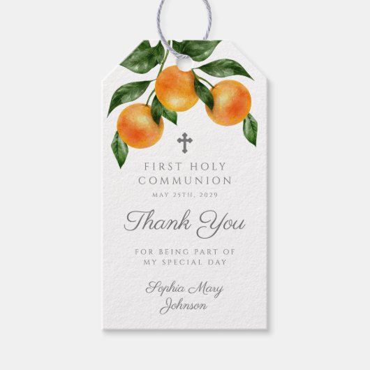 Moderne Botanische Citrus Meisje Eerste Communie Cadeaulabel (Voorkant)