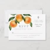 Moderne Botanische Citrus Religieuze Eerste Commun RSVP Kaartje (Voorkant)