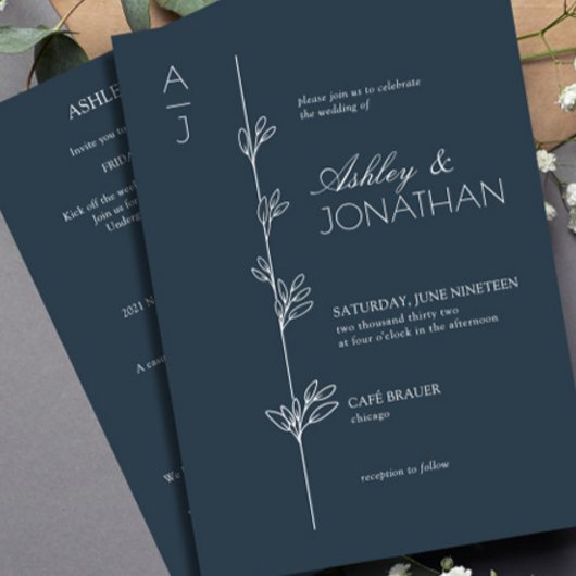 Moderne Botanische Divider Wedding Navy All-in-One Kaart