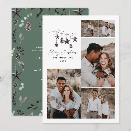 Moderne botanische elegante groene witte stijlvoll feestdagenkaart (Voorkant / Achterkant)