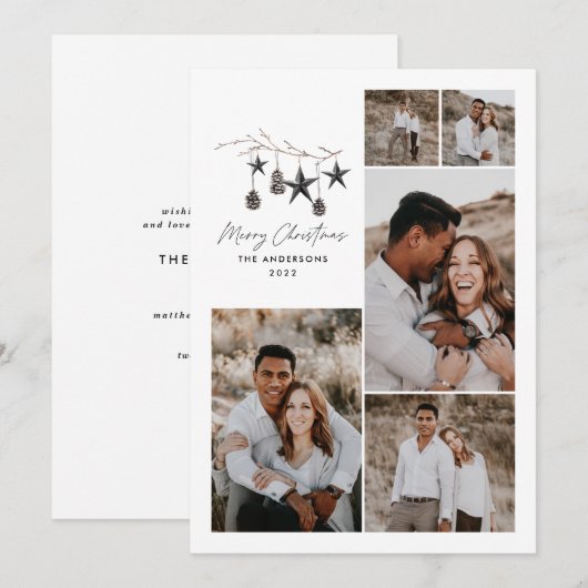 Moderne botanische elegante zwarte witte stijlvoll feestdagenkaart (Voorkant / Achterkant)