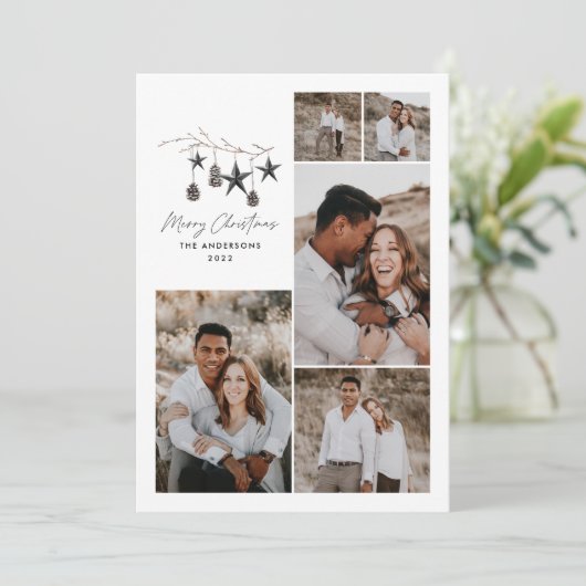 Moderne botanische elegante zwarte witte stijlvoll feestdagenkaart (Staand voorkant)